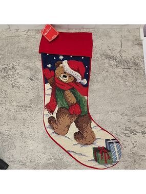 Vintage Macy's Teddy Bear Needlepoint stocking with Velvet backing